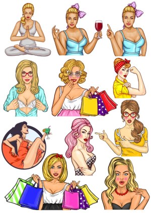 Set of Stylish Women Illustrations in Various Poses and Expressions Free Vector