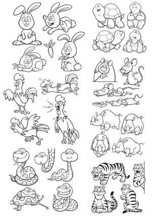 Set of Cute Cartoon Animal Line Art Illustrations Free Vector