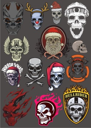 Collection of Skull Vectors with Christmas and Motorcycle Themes Free Vector