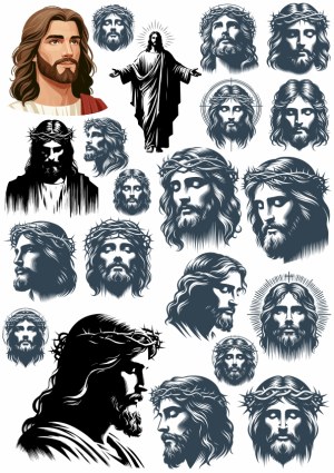 Collection of Jesus Christ Portraits and Silhouettes with Crown of Thorns Free Vector