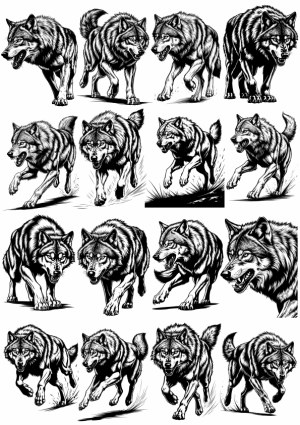 Detailed Black and White Vector Illustrations of Running and Aggressive Wolves Free Vector