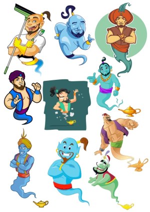 Cartoon Genie Characters with Magic Lamps Vector Collection Free Vector