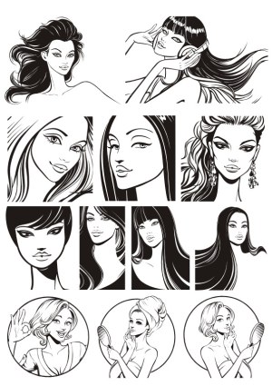 Black and White Vector Illustrations of Women's Faces and Hairstyles Free Vector