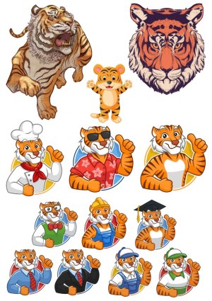 Set of Tiger Illustrations and Cartoon Character Avatars in Various Professions Free Vector