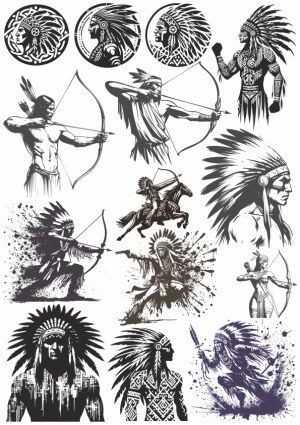 Black and White Native American Warrior Silhouettes and Archers Vector Set Free Vector
