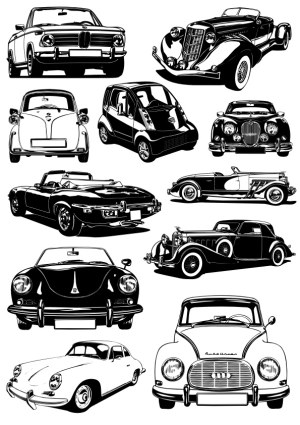 Black and White Vector Illustrations of Classic and Vintage Cars Free Vector