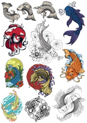 Colorful and Monochrome Koi Fish Vector Illustrations Free Vector