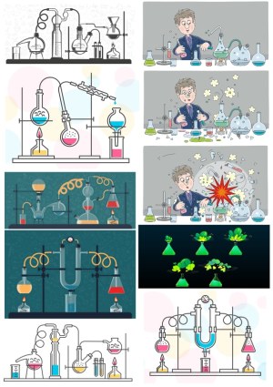Cartoon and Line Art Laboratory Experiments and Chemical Reactions Set Free Vector