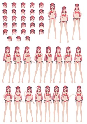 Anime Girl Character Set in Red Bikini with Various Poses and Facial Expressions Free Vector