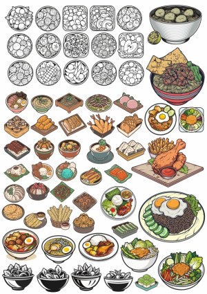 Variety of Asian-Inspired Food Vector Icons and Illustrations Free Vector