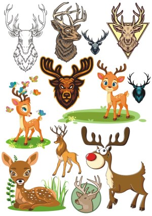 Variety of Stylized Deer and Reindeer Vector Illustrations Free Vector