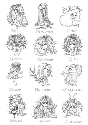 Black and White Chibi Zodiac Signs Vector Set Free Vector