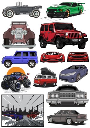 Collection of Various Modern and Classic Cars Vector Illustrations Free Vector