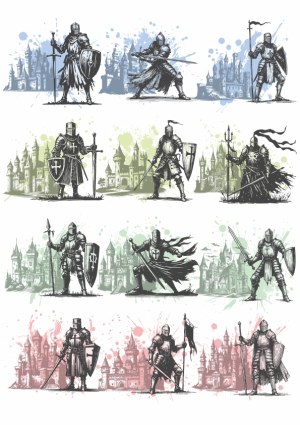 Medieval Knights Silhouettes with Castles Background Free Vector