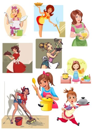 Collection of Cartoon Women Cooking and Cleaning Scenes Free Vector