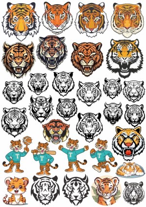 Collection of Tiger Head and Cartoon Tiger Vector Illustrations Free Vector