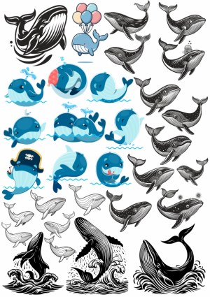 Collection of Cartoon and Vintage Whale Illustrations Free Vector