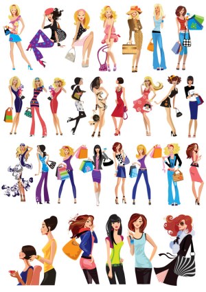 Stylish Women in Trendy Outfits and Shopping Scenes Vector Set Free Vector