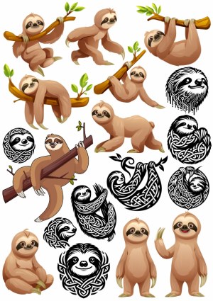 Cartoon and Tribal Style Sloth Illustrations Free Vector