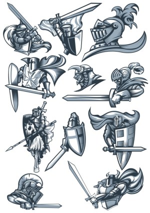 Set of Medieval Knight and Warrior Vector Illustrations Free Vector