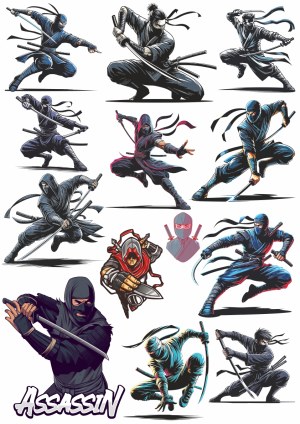 Set of Dynamic Assassin and Ninja Illustrations Free Vector