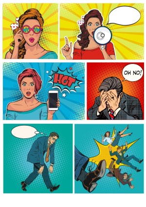 Pop Art Style Comic Panel with Expressive Characters Free Vector