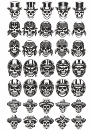 Collection of Detailed Skull Illustrations with Various Hats and Helmets Free Vector