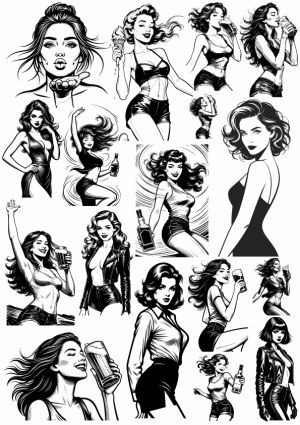 Stylish Black and White Vector Illustrations of Women Enjoying Drinks and Ice Cream Free Vector
