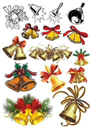 Assorted Christmas and Holiday Bells with Decorative Ribbons and Pine Sprigs Free Vector