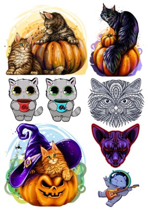 Halloween and Cute Cat Vector Illustrations Free Vector