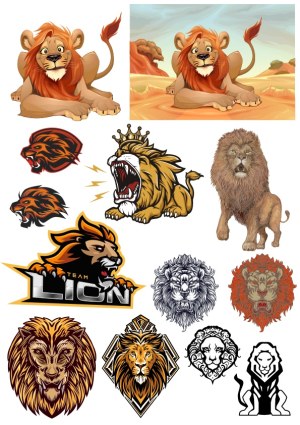 Lion-Themed Vector Collection with Logos, Realistic and Cartoon Lions Free Vector