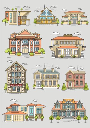 Set of Detailed Vector Illustrations of Various Residential Houses Free Vector