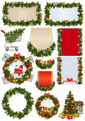 Christmas and Holiday Decorative Frames, Wreaths, and Tree with Gifts Vector Set Free Vector