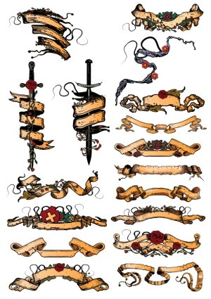 Vintage Scroll and Banner Vector Collection with Roses and Swords Free Vector
