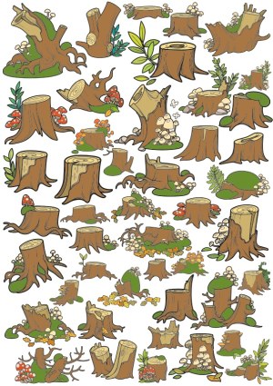 Collection of Tree Stump and Stump with Plants Vector Illustrations Free Vector