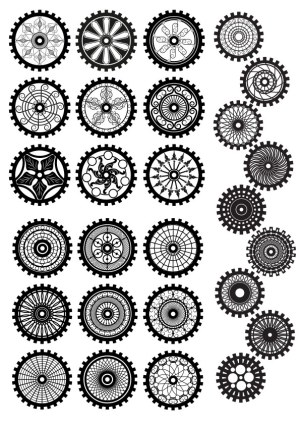 Set of Black and White Decorative Gear and Wheel Vector Designs Free Vector