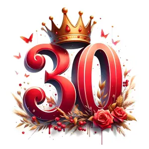 Decorative Number 30 with Crown and Floral Elements