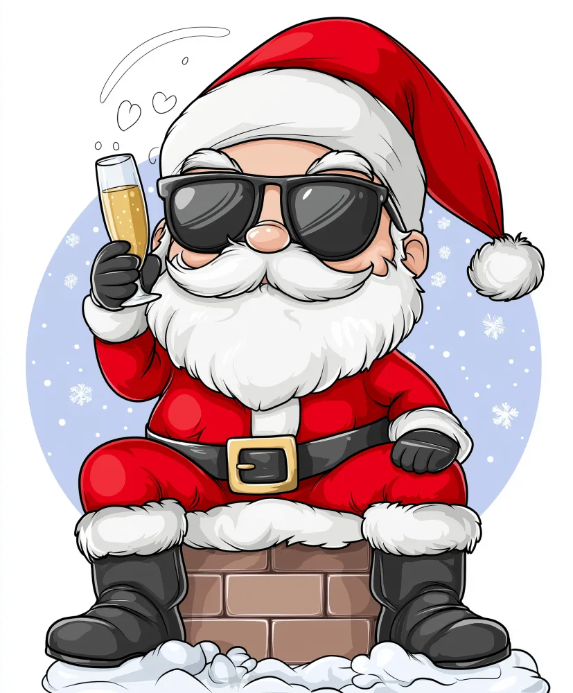 Cool Santa Claus with Sunglasses Sitting on Chimney Holding Champagne