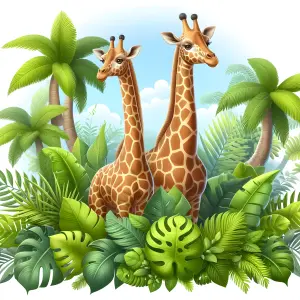Two Giraffes Among Tropical Greenery