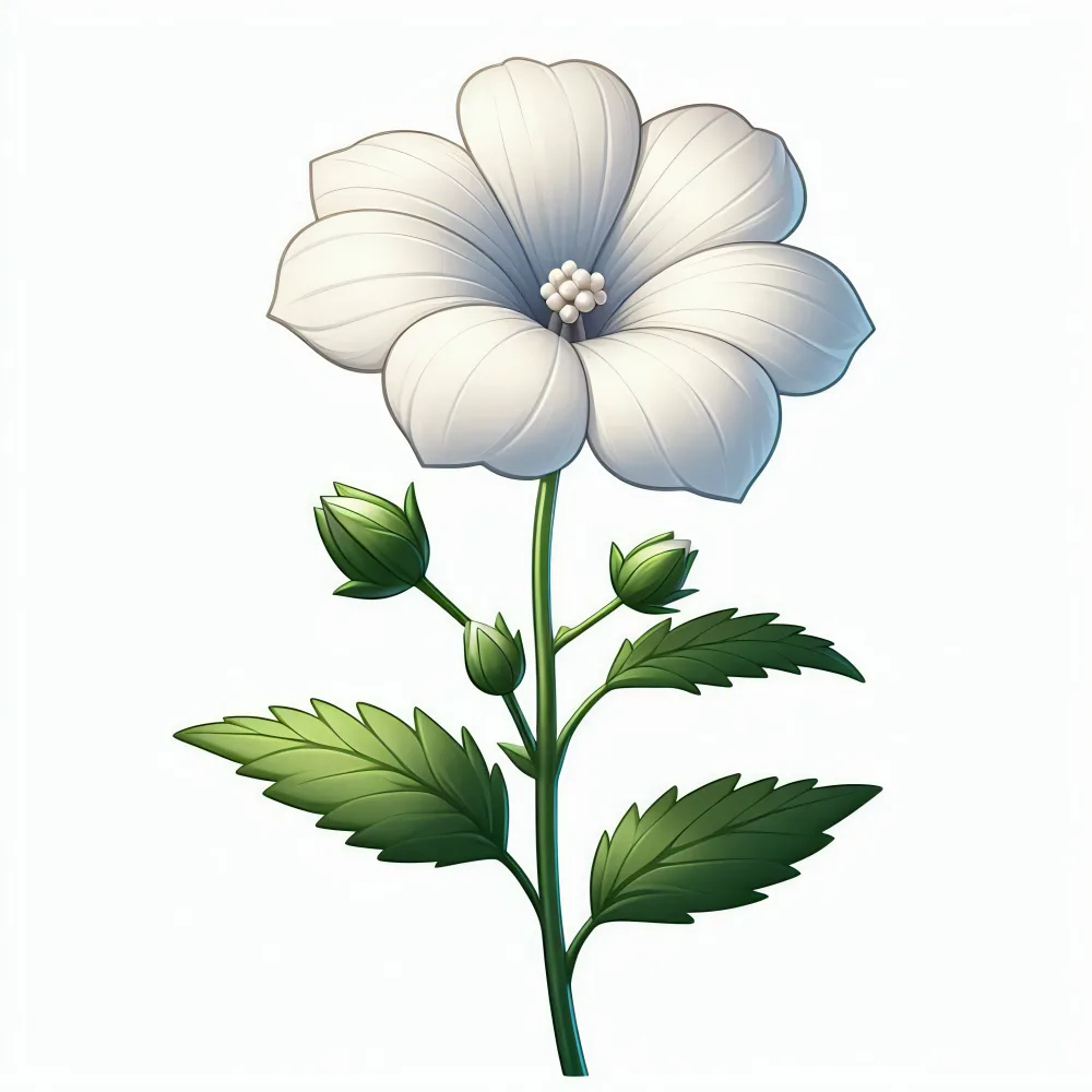 White Flower with Green Leaves and Buds Illustration
