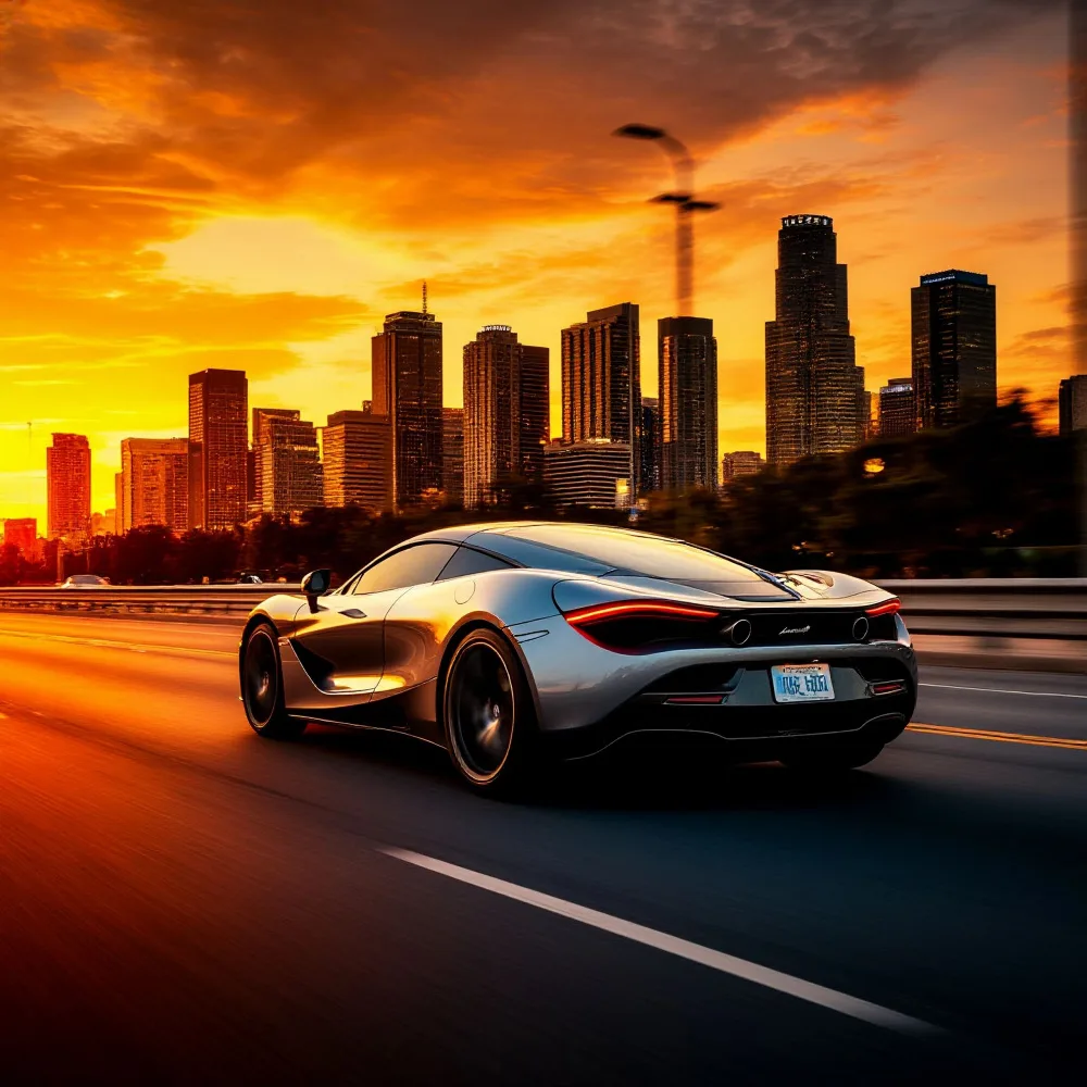 Silver Sports Car Driving Toward City Skyline at Sunset