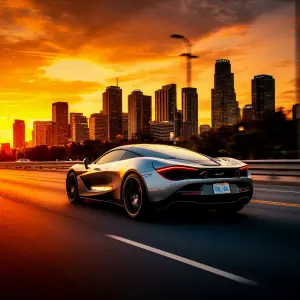 Silver Sports Car Driving Toward City Skyline at Sunset
