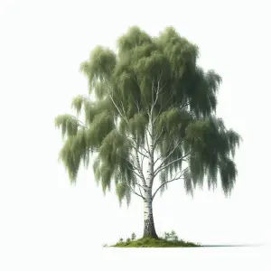 Isolated Birch Tree with Green Leaves on White Background