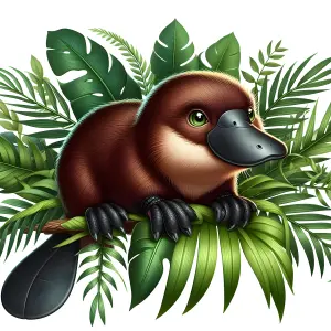 Illustration of a baby platypus surrounded by tropical leaves