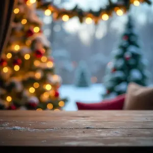 Wooden Table Top with Blurred Christmas Tree and Outdoor Snowy Scenery