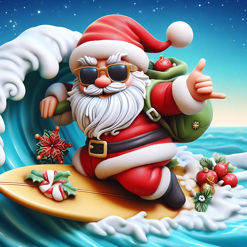 Santa Claus Surfing with Sunglasses and Christmas Decorations