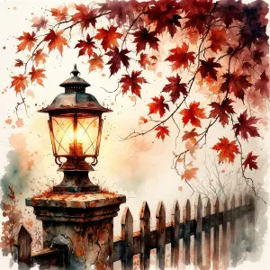 Autumn Lantern on Stone Pillar with Maple Leaves