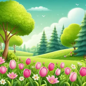 Bright Spring Meadow with Pink Tulips and Pine Trees