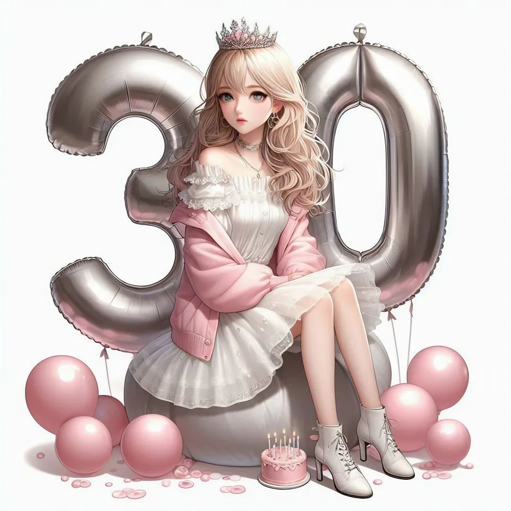 Young Woman Celebrating 30th Birthday with Balloons and Cake