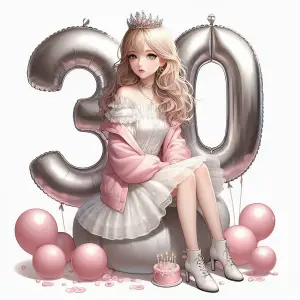 Young Woman Celebrating 30th Birthday with Balloons and Cake